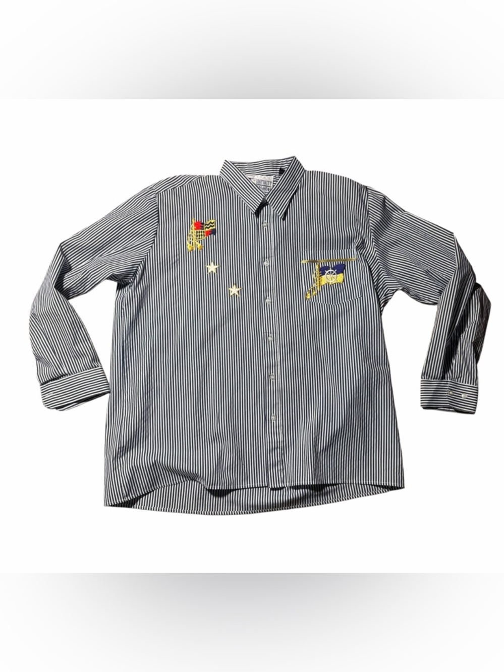 Navy and White Striped Embroidered Button-Down Shirt with a Nautical Theme- 80’s